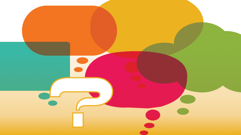 Question mark with colorful speech bubbles. But what about...?