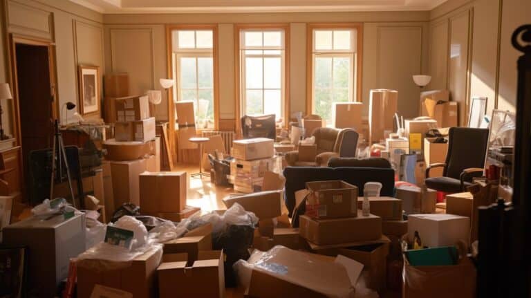 Room filled with moving boxes and furniture, representing a life transition.
