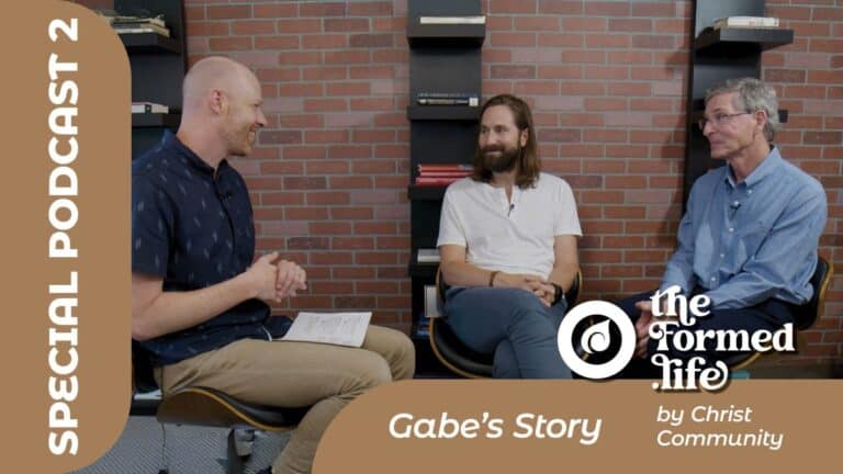Podcast featuring Gabe's Story from Christ Community Church, three men in discussion.