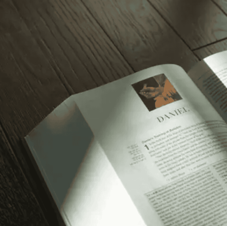 Open Bible on wooden surface, page showing the Book of Daniel. Sacred reading.