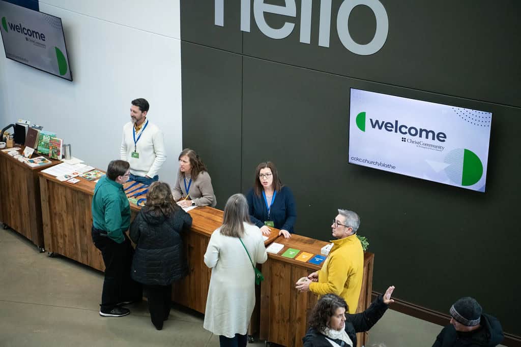 Welcome desk at Christ Community Church Olathe campus.