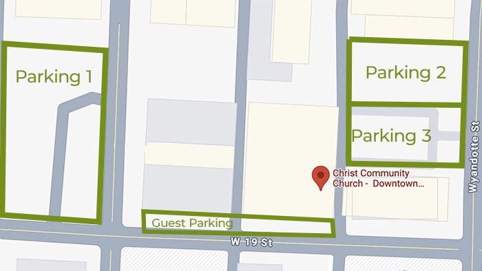 Christ Community Church Downtown Campus parking map showing parking areas 1, 2, 3, and guest parking.