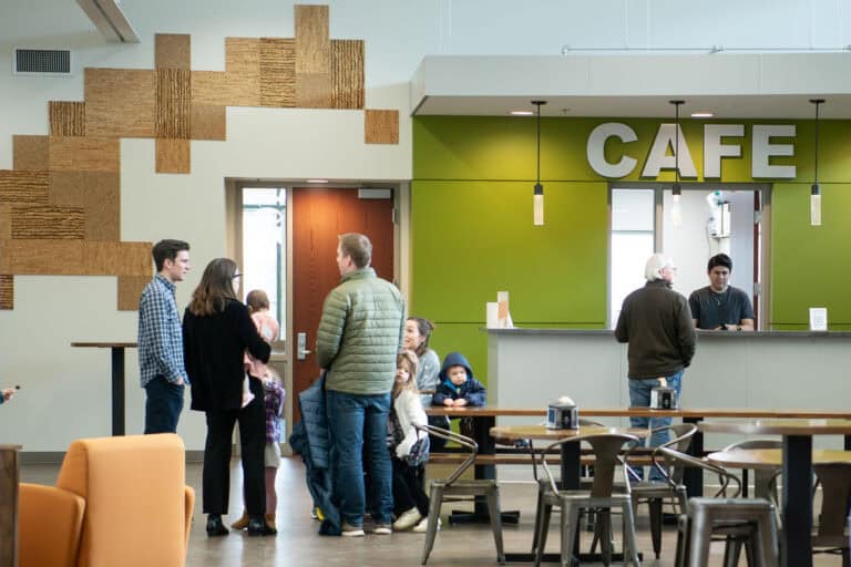 People at the cafe inside the Leawood Campus, Christ Community Church.