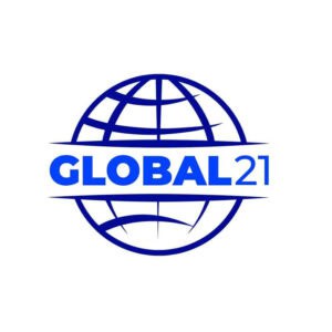 Global21 logo featuring a blue globe outline with the text "GLOBAL21" across the center.