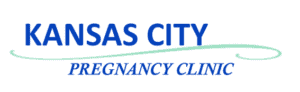 Kansas City Pregnancy Clinic logo in blue with a teal swirl.