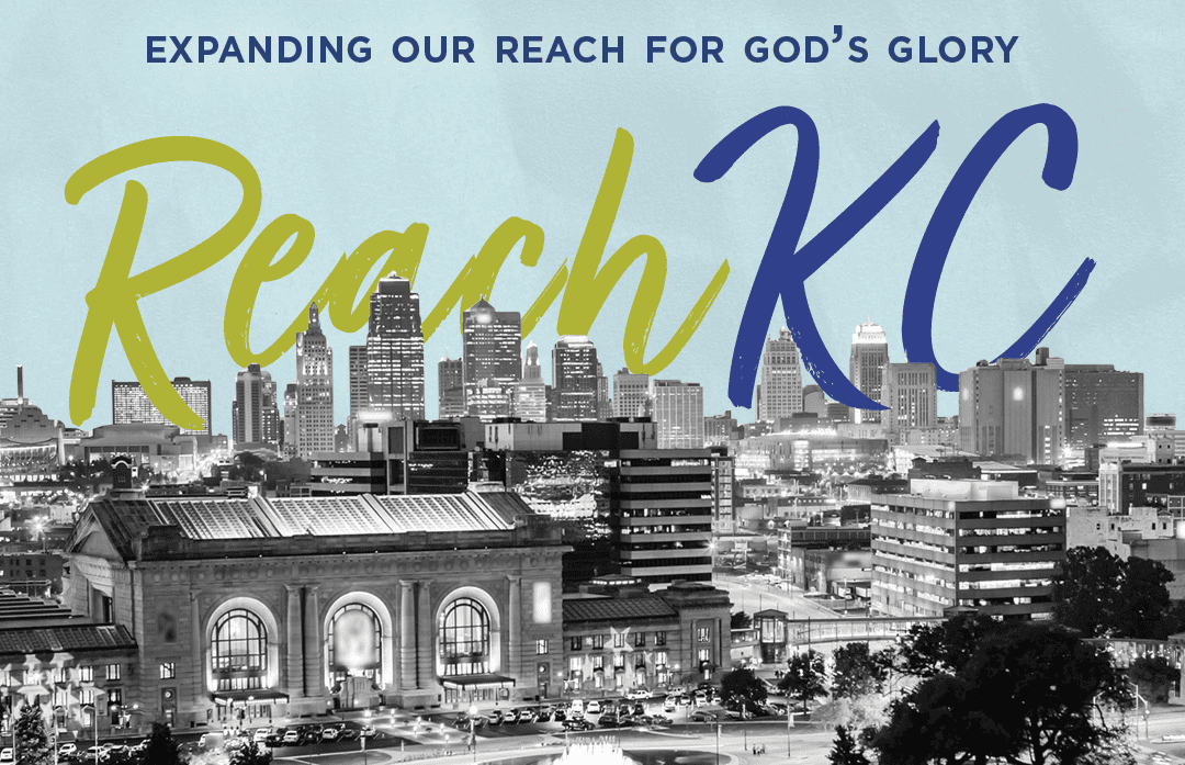 Kansas City skyline with "Reach KC" text. Christ Community Church outreach.