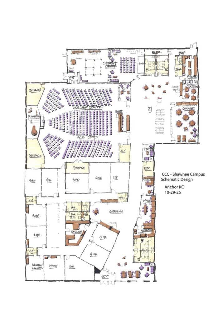 Christ Community Church Shawnee Campus floor plan, showing worship center, classrooms, commons, and offices.