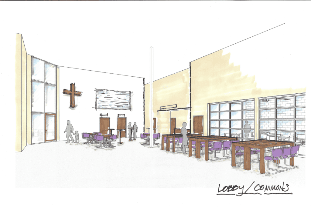 Christ Community Church lobby rendering with tables, chairs, and a cross.