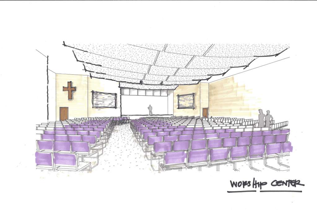 Church worship center interior rendering with purple seating and a cross.