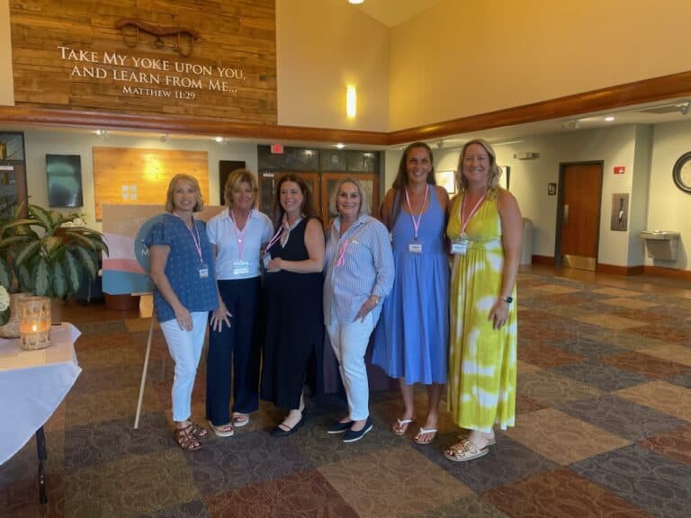 Leawood Campus: Group of women standing together indoors. Text: "Take My Yoke Upon You and Learn From Me.